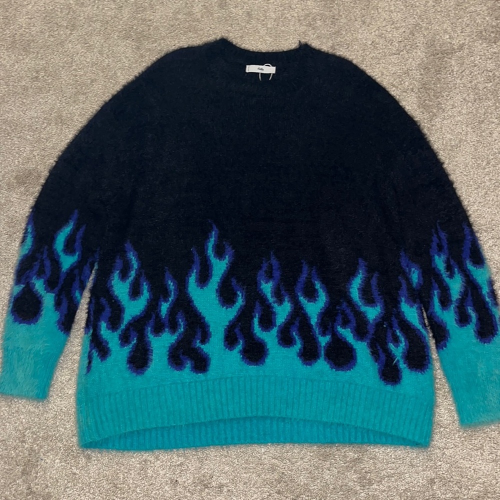 Oversized Soft, Black Crewneck with Blue Flames